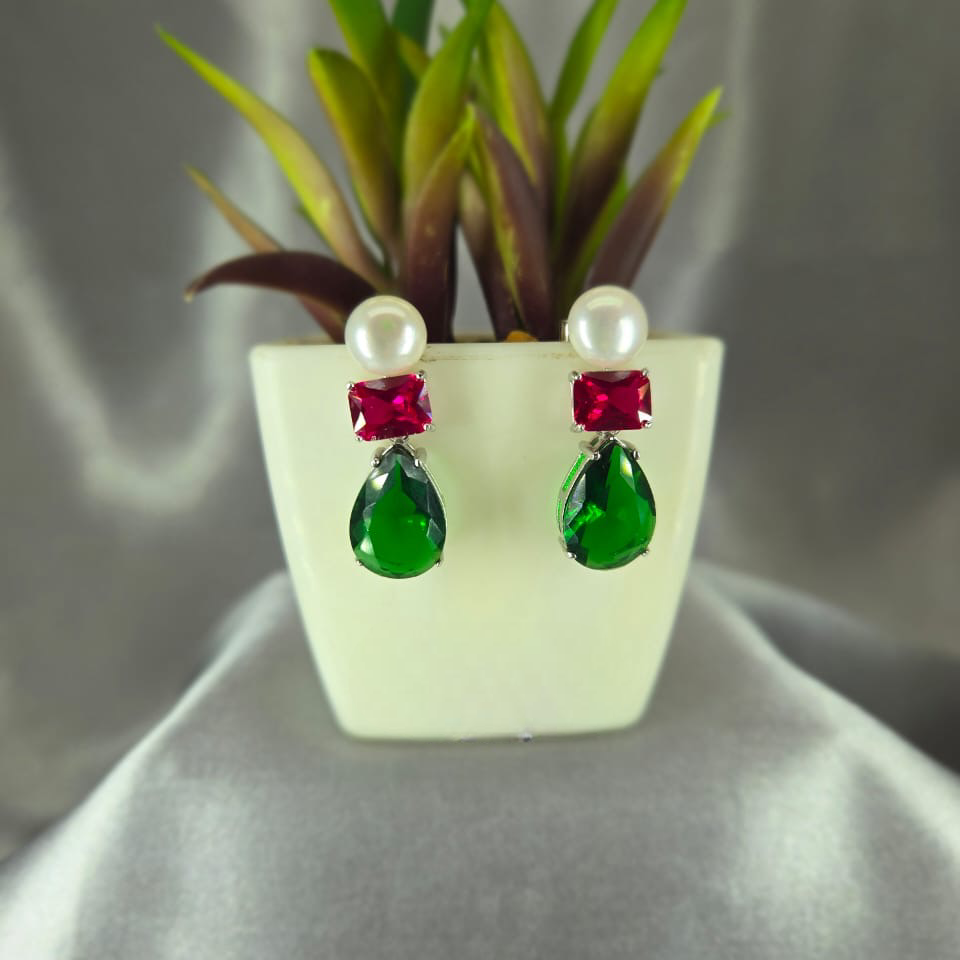 Eye Catching Freshwater Pearl Drop Earrings With Green And Red Cubic Zirconia