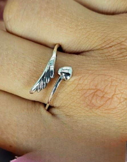 Sterling silver heart wing open ring