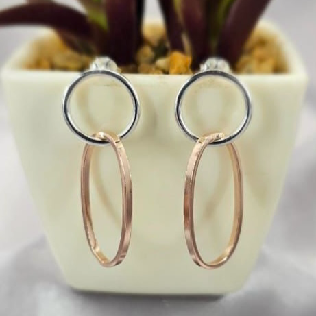 A pair of sterling silver circle earrings with interlinked rose gold oval drops, displayed in front of a potted plant.
