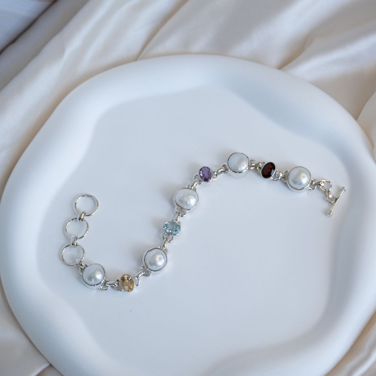 Multicoloured semi precious stone and Freshwater pearl bracelet