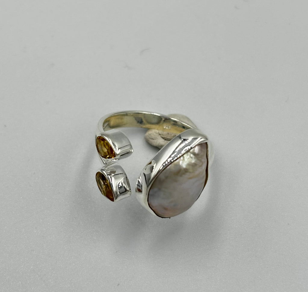 Pearl And Citrine Open Size Ring