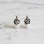 Antique Looking Sterling Silver Earring With Flower Detail And Beautiful Freshwater Pearl