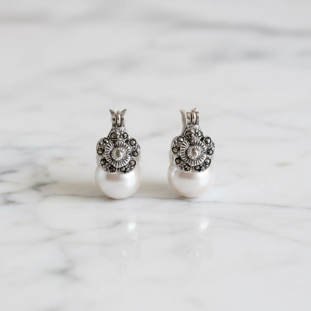 Antique Looking Sterling Silver Earring With Flower Detail And Beautiful Freshwater Pearl
