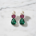 Eye Catching Freshwater Pearl Drop Earrings With Green And Red Cubic Zirconia - Terciany 