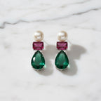 Eye Catching Freshwater Pearl Drop Earrings With Green And Red Cubic Zirconia - Terciany 