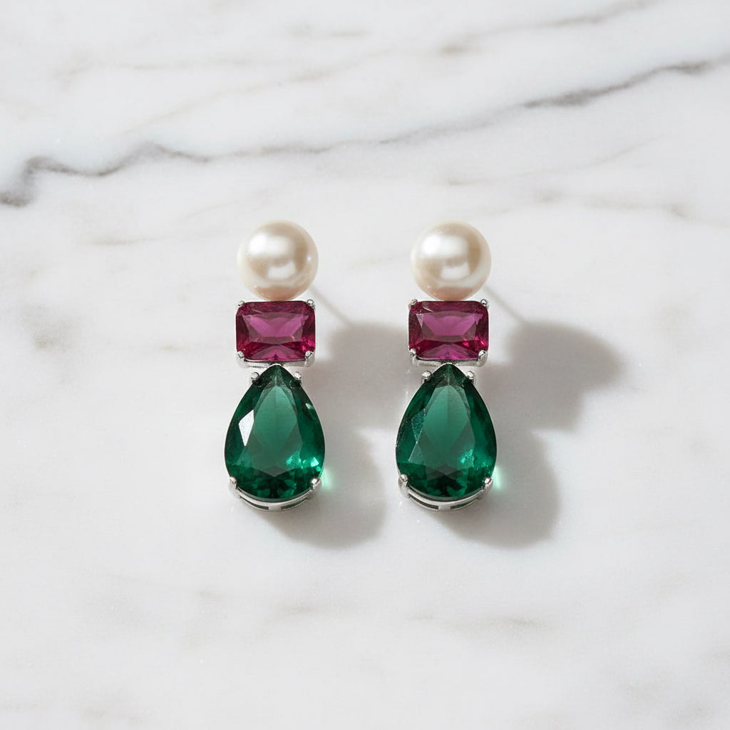 Eye Catching Freshwater Pearl Drop Earrings With Green And Red Cubic Zirconia - Terciany 