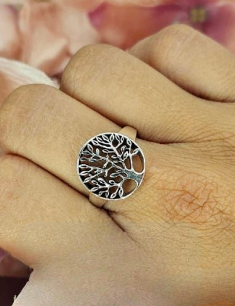 Sterling silver round tree of life ring