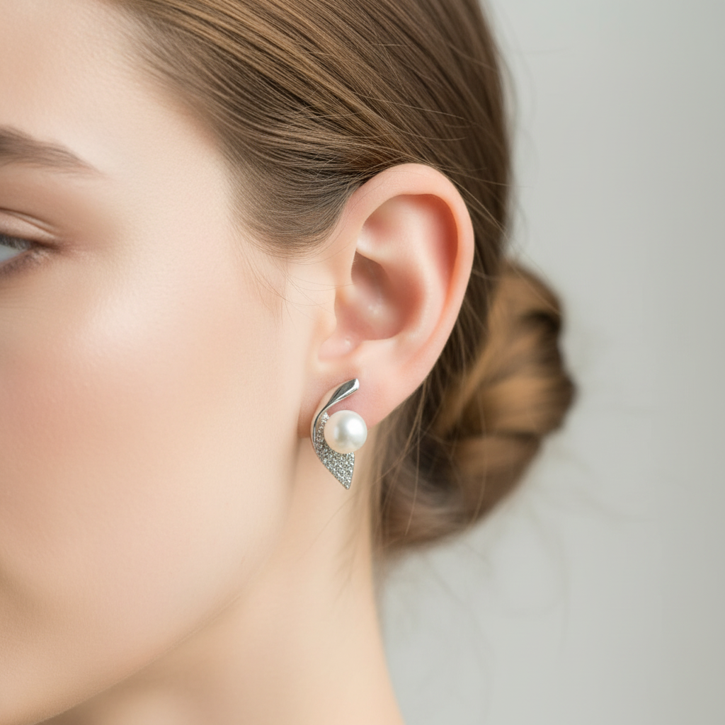 Freshwater Pearl In Bling Leaf Earring - Terciany 