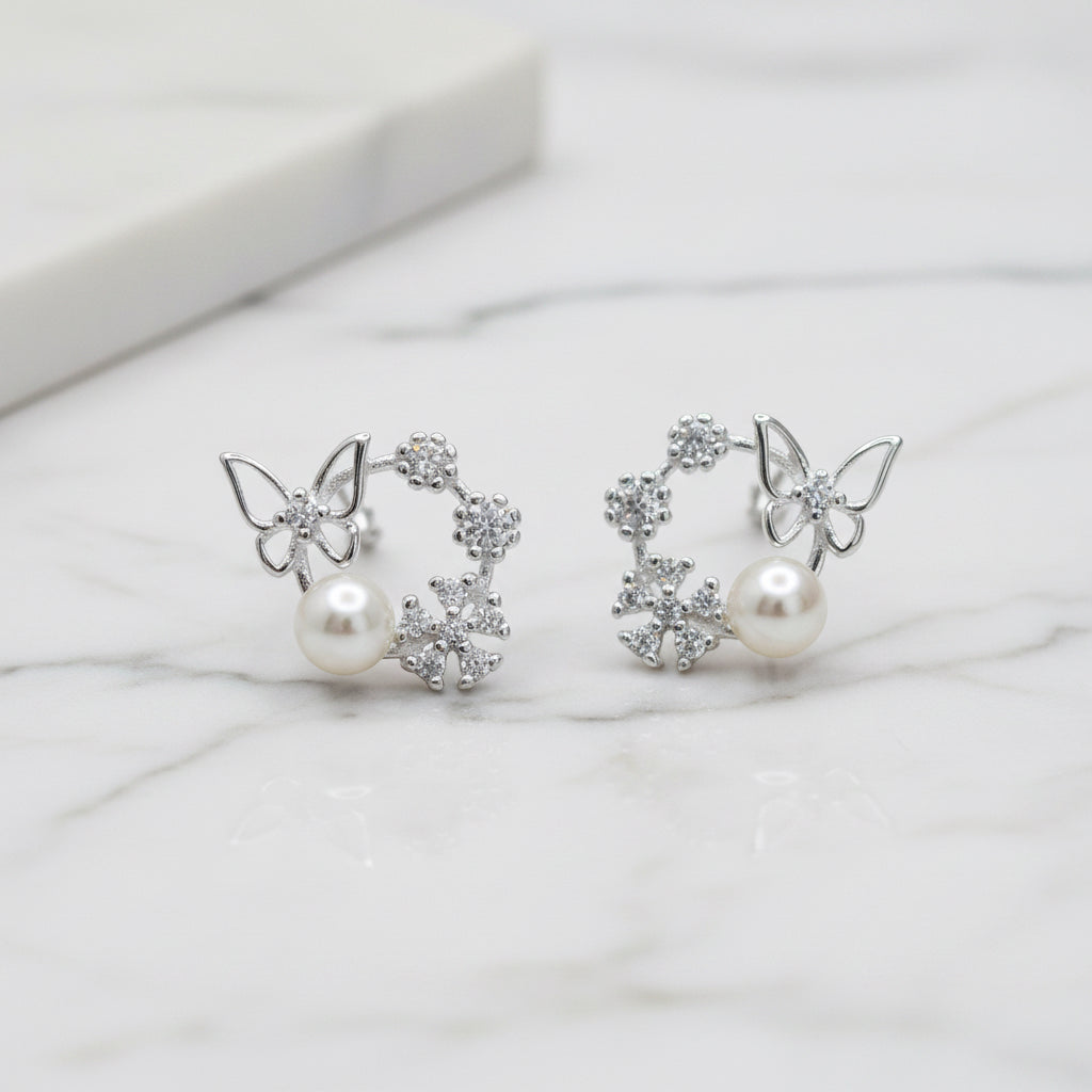 Butterfly Flower Pearls Studs