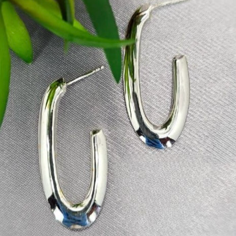 A pair of sterling silver hoop earrings placed on a grey surface, with a green plant in the background.