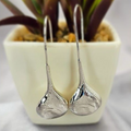 A pair of sterling silver drop earrings displayed in front of a potted plant.