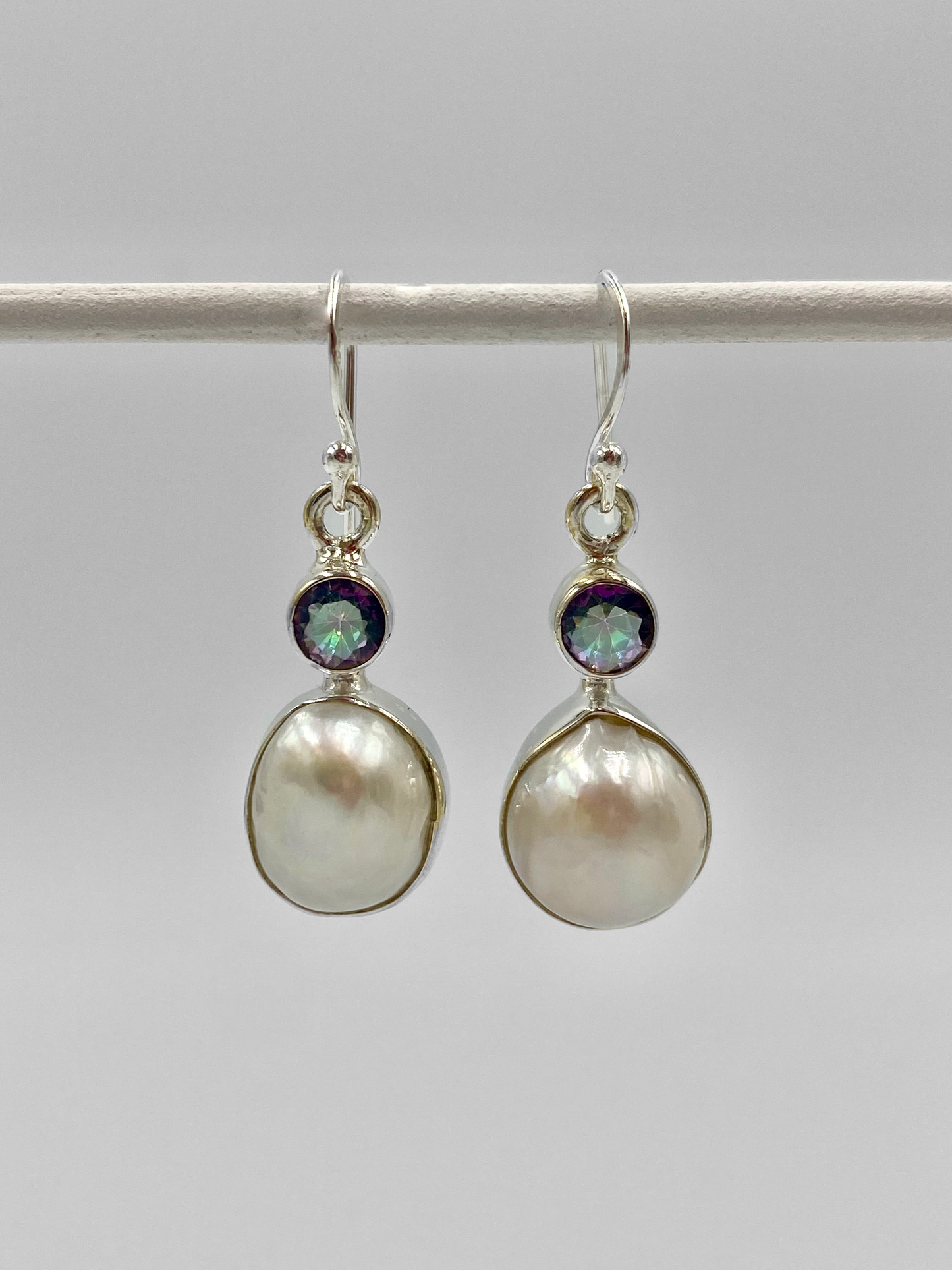 Stunning freshwater pearl drop earrings with Mystic topaz semi precious stone top