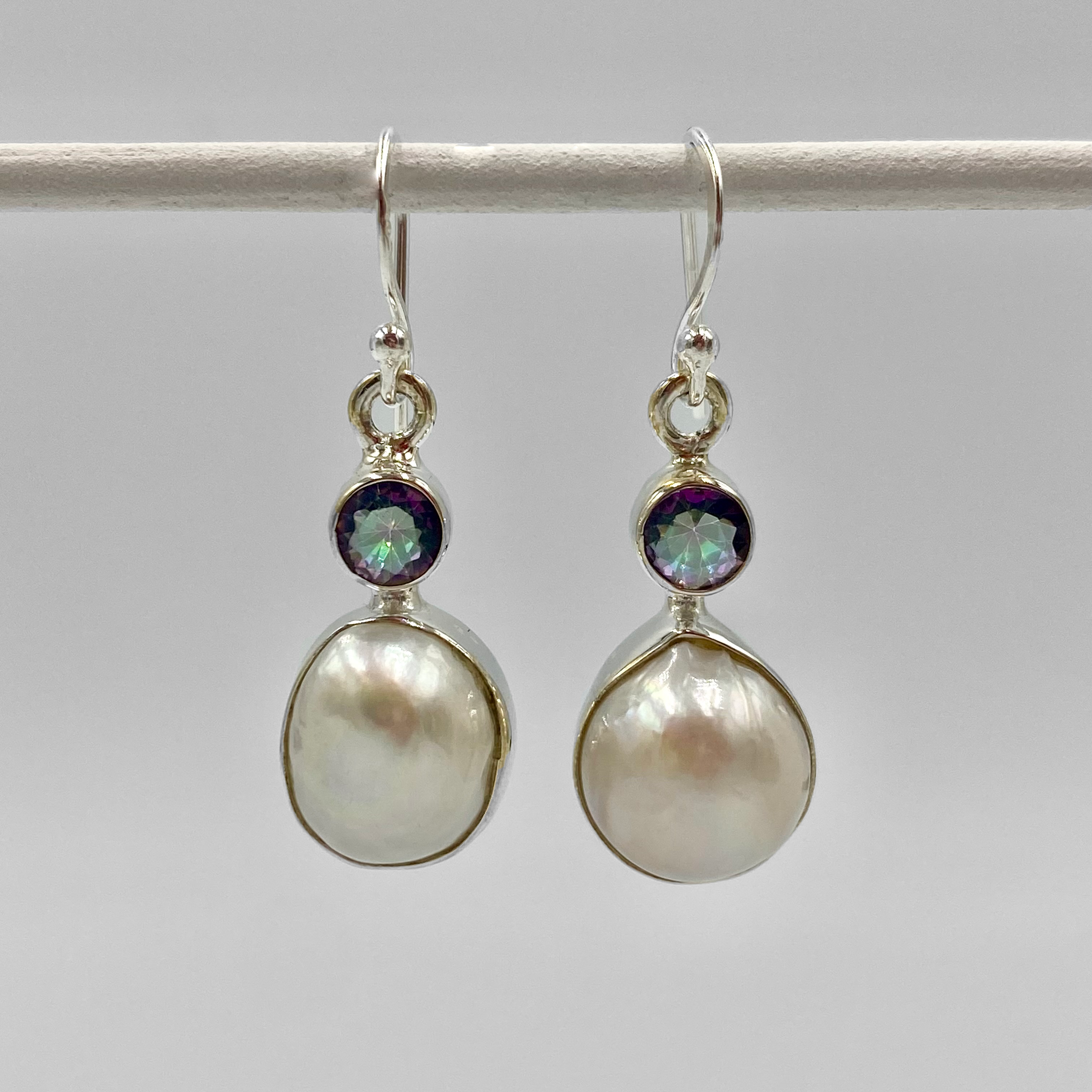 Stunning Freshwater Pearl Drop Earrings With Mystic Topaz Semi Precious Stone Top
