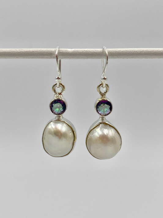 Stunning freshwater pearl drop earrings with Mystic topaz semi precious stone top