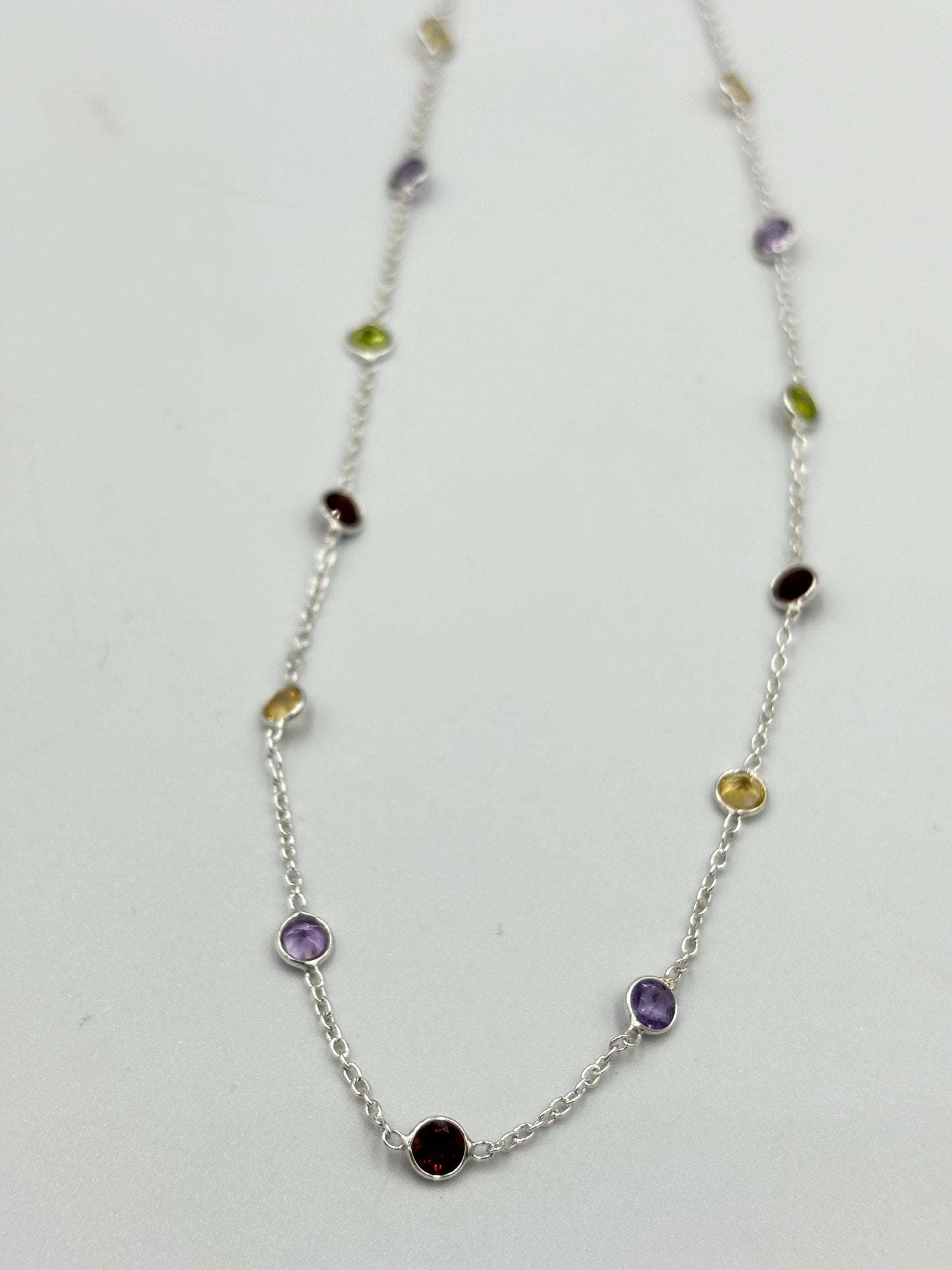 Stunning Sterling silver necklace with 5mm Garnet, Peridot and Citrine semi precious stones in-bedded in chain