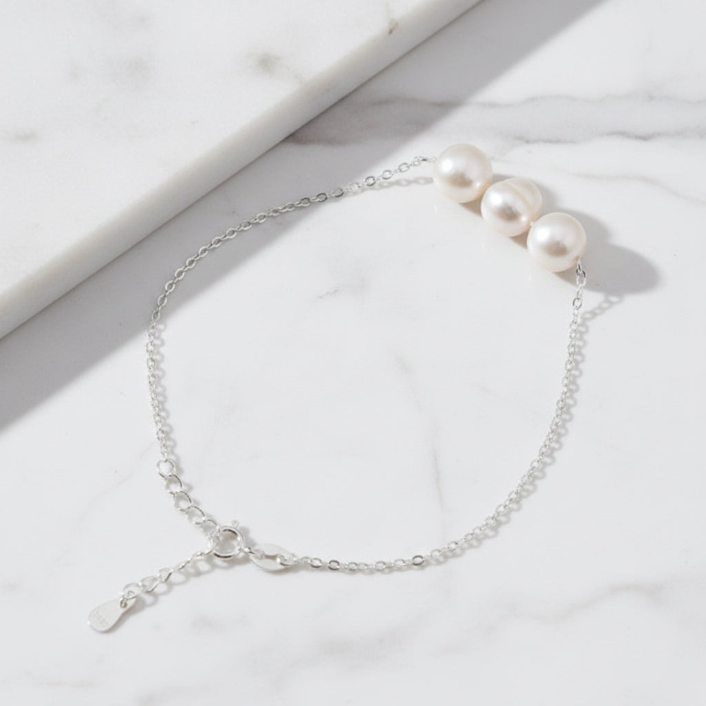 Sterling Silver Bracelet With Three Beautiful Freshwater Pearls - Terciany 