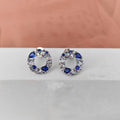Pair of earrings with blue and clear gemstones on a white surface.