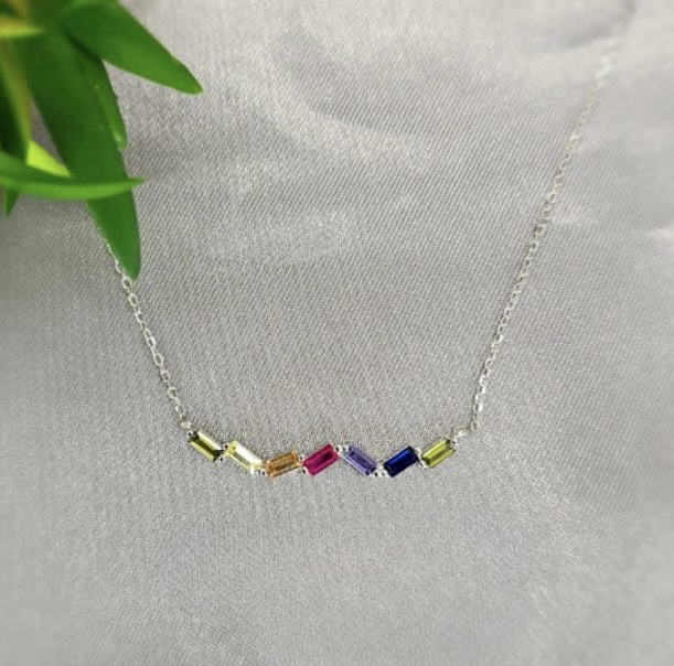 Stunning Necklace With Rectangular Colourfull Cubic Zirconia Stones