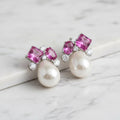 Beautiful Pearl Earrings With Pink Cubic Zirconia On Top - Terciany 