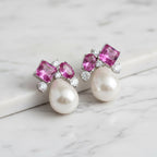 Beautiful Pearl Earrings With Pink Cubic Zirconia On Top - Terciany 