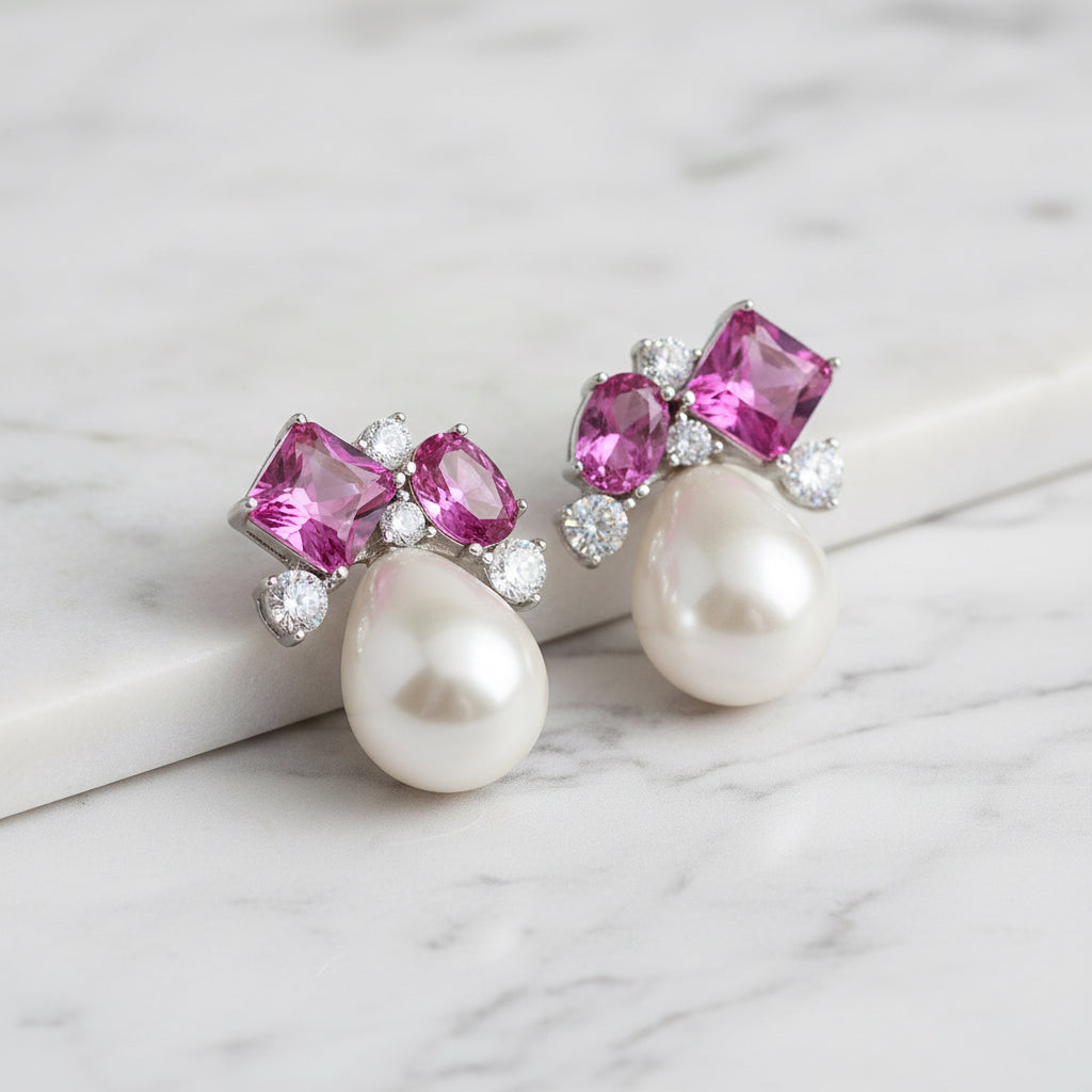 Beautiful Pearl Earrings With Pink Cubic Zirconia On Top - Terciany 
