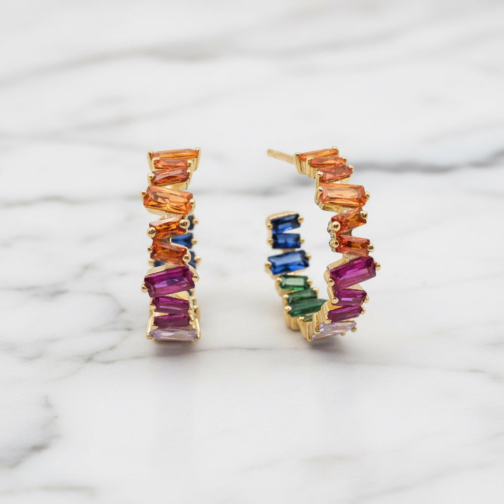 Golden Hoops With Baguette Stones In Front And In Hoop - Terciany 