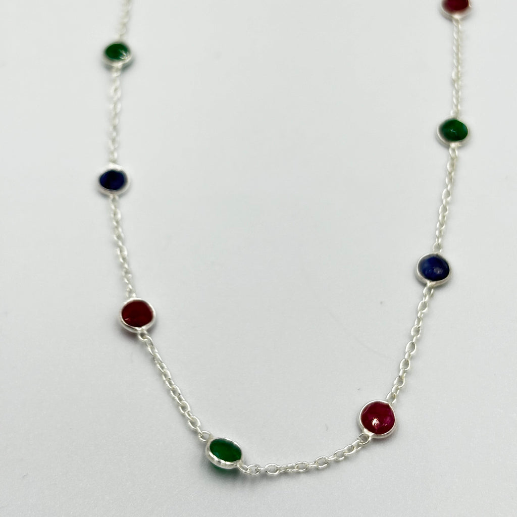 Sterling Silver Necklace With Blue, Green And Red Semi Precious Stones In Chain