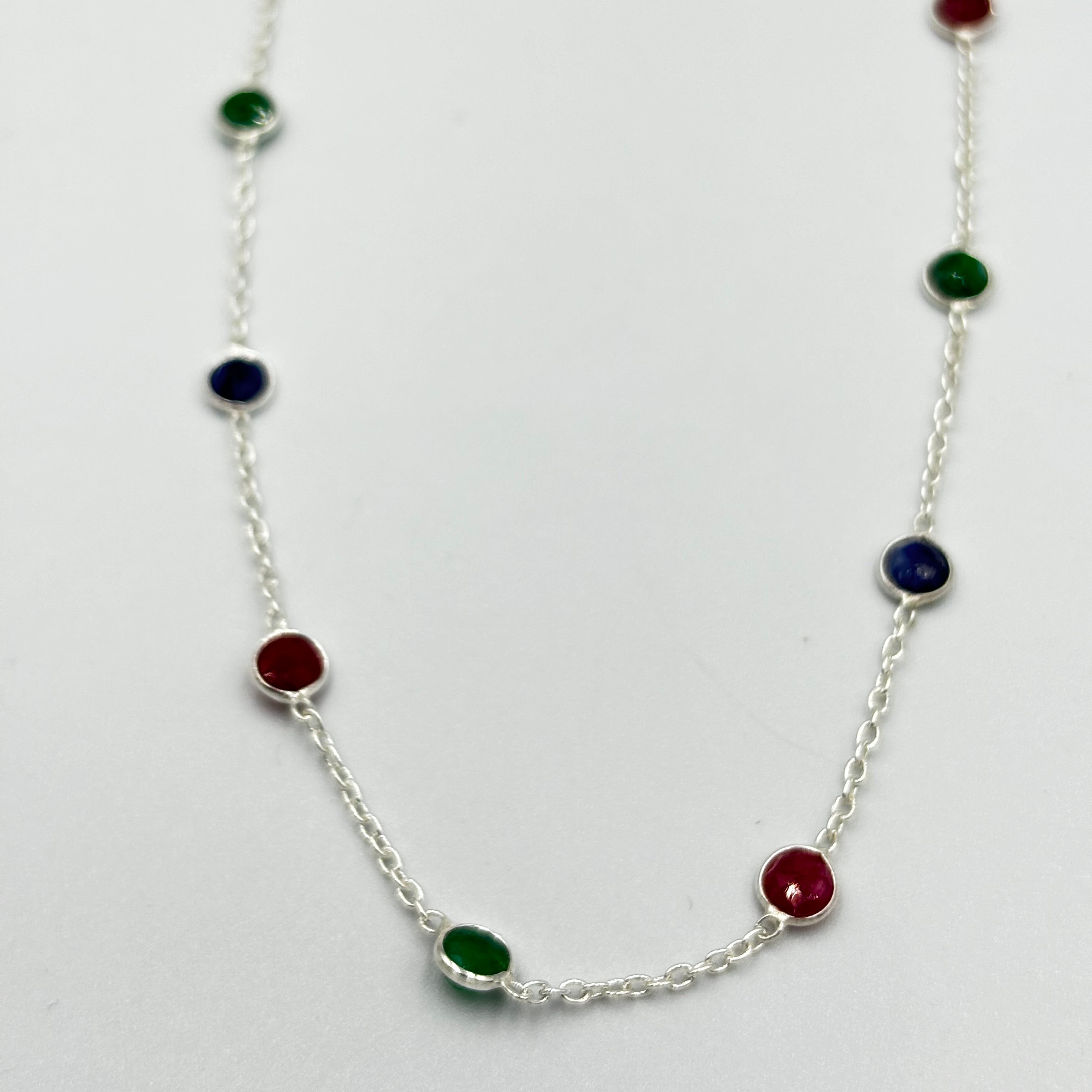 Sterling Silver Necklace With Blue, Green And Red Semi Precious Stones In Chain