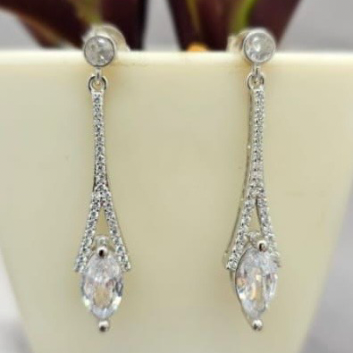Silver earrings with clear stones on a white surface with a plant in the background
