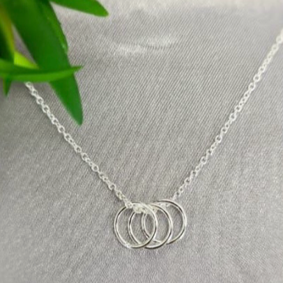 A sterling silver necklace with three interlocking circular pendants on a chain, displayed on a grey background with a green leafy element to the side.