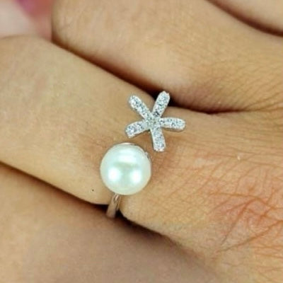 Sterling Silver Adjustable Open Size Ring With Pavé Flower On One Side And Freshwater Pearl On Other Side - Terciany 
