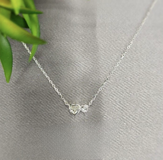 Sterling Silver Necklace With Double Cubic Zirconia Hearts