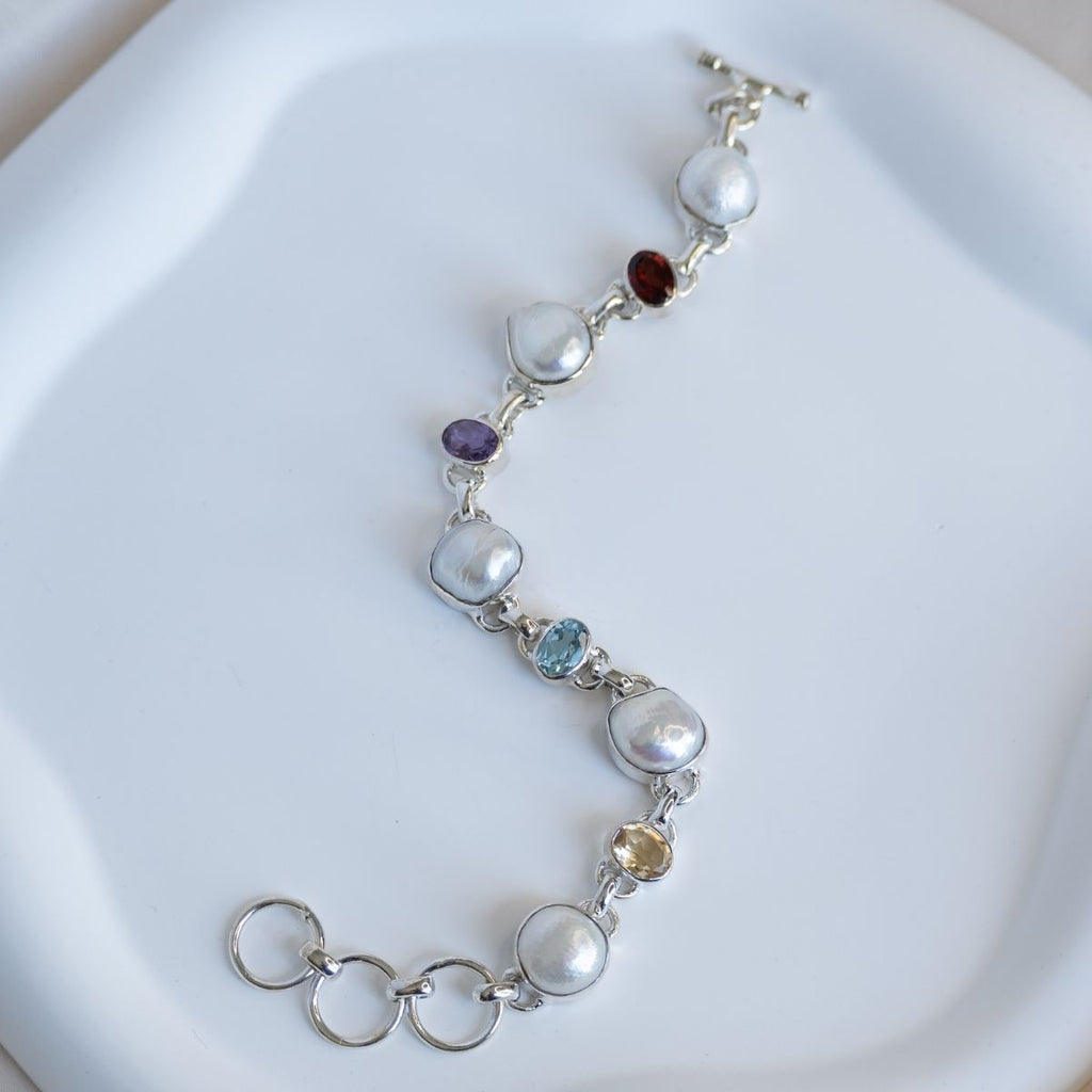 Multicoloured semi precious stone and Freshwater pearl bracelet