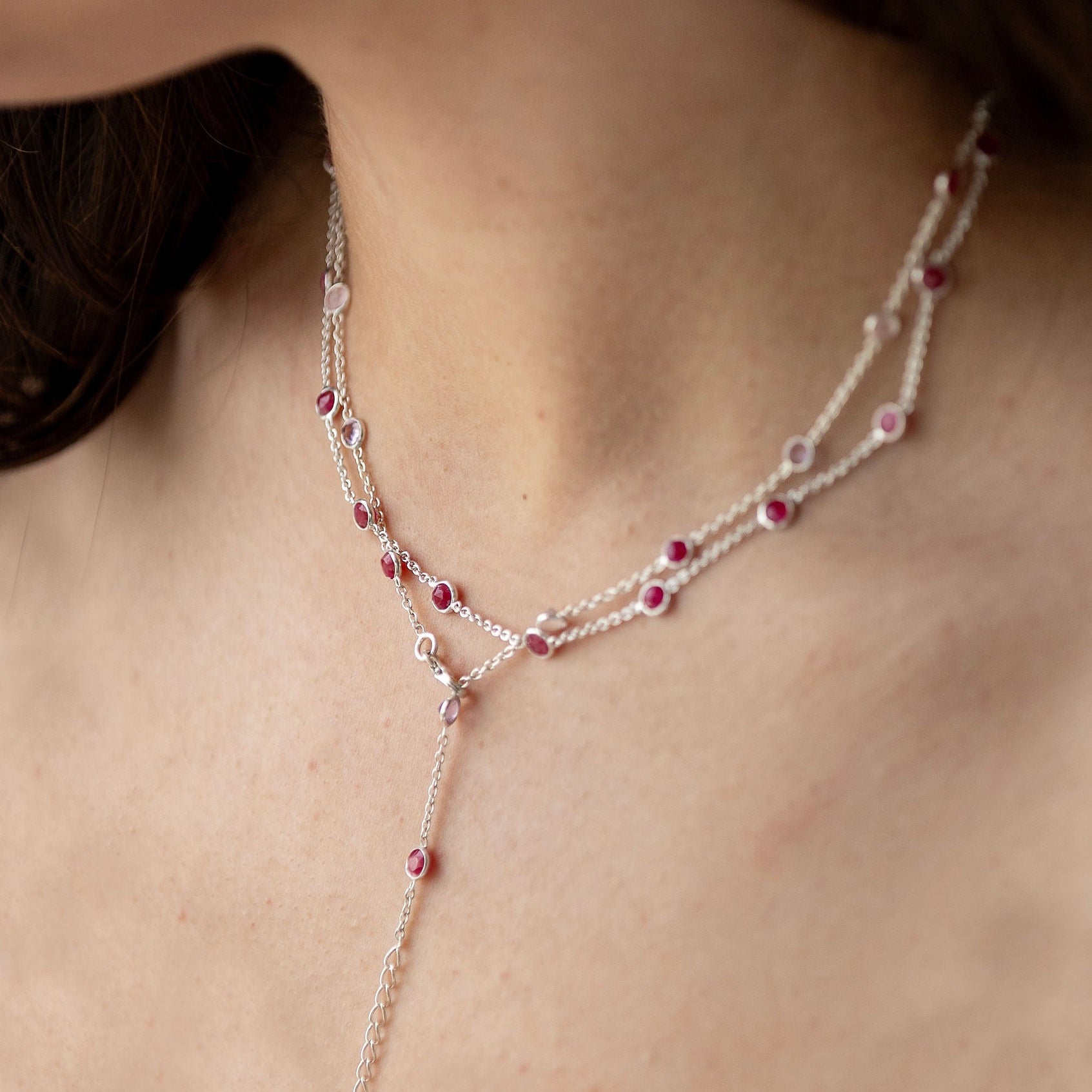 Sterling Silver Necklace With 5Mm Ruby, Rose And Amy Semi Precious Stones In-Bedded In Chain