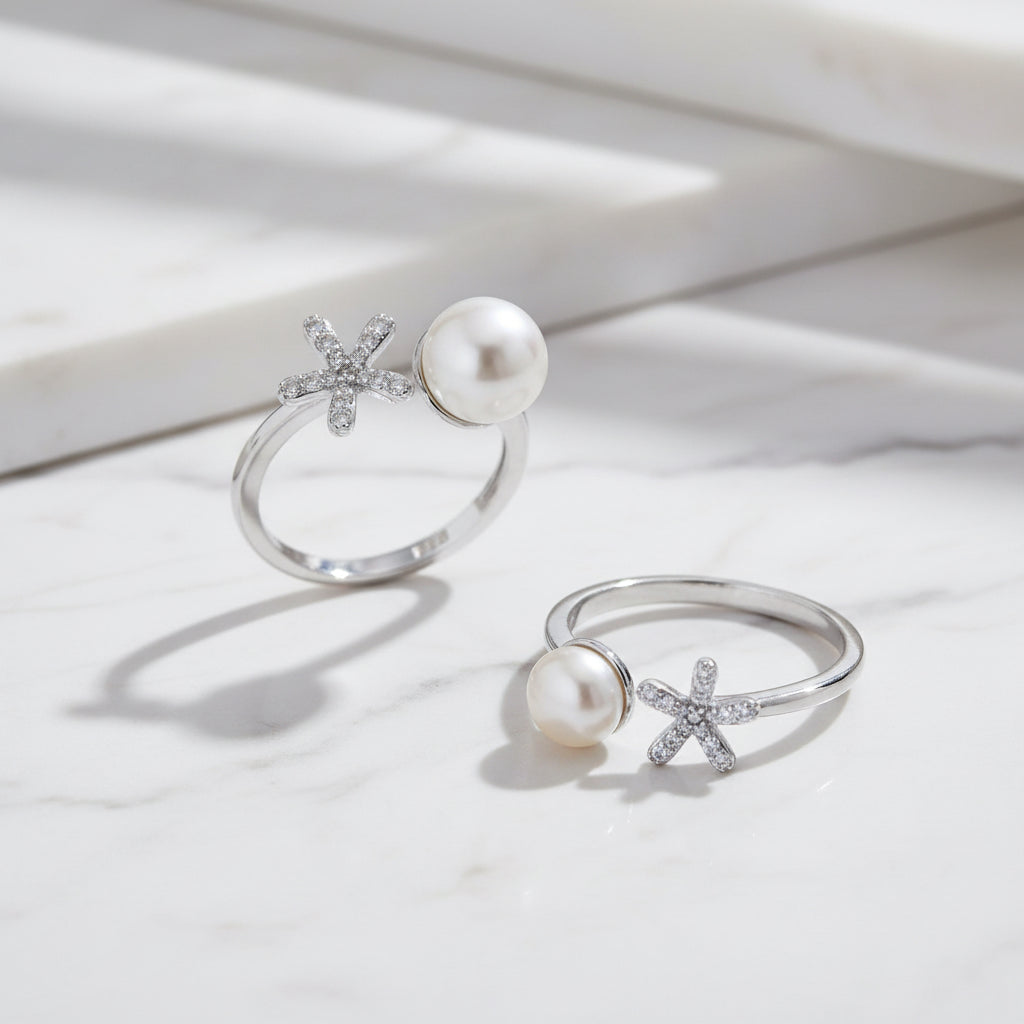 Sterling Silver Adjustable Open Size Ring With Pavé Flower On One Side And Freshwater Pearl On Other Side - Terciany 