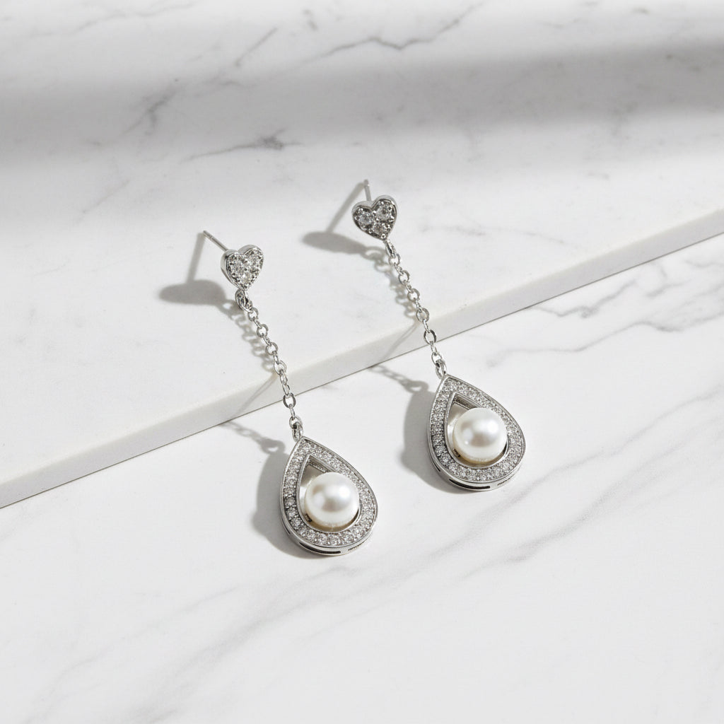 Sterling Silver Drop Earrings With Pearl And Cubic Zirconia Detail