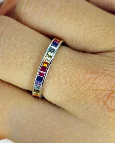 Sterling Silver Band With Colourful Cubic Stones