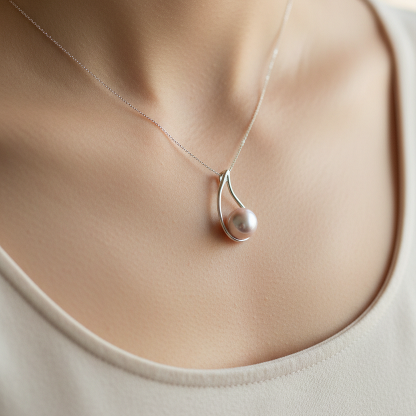 Sterling Silver Teardrop Pendant With Blush Pink Freshwater Pearl - Terciany 
