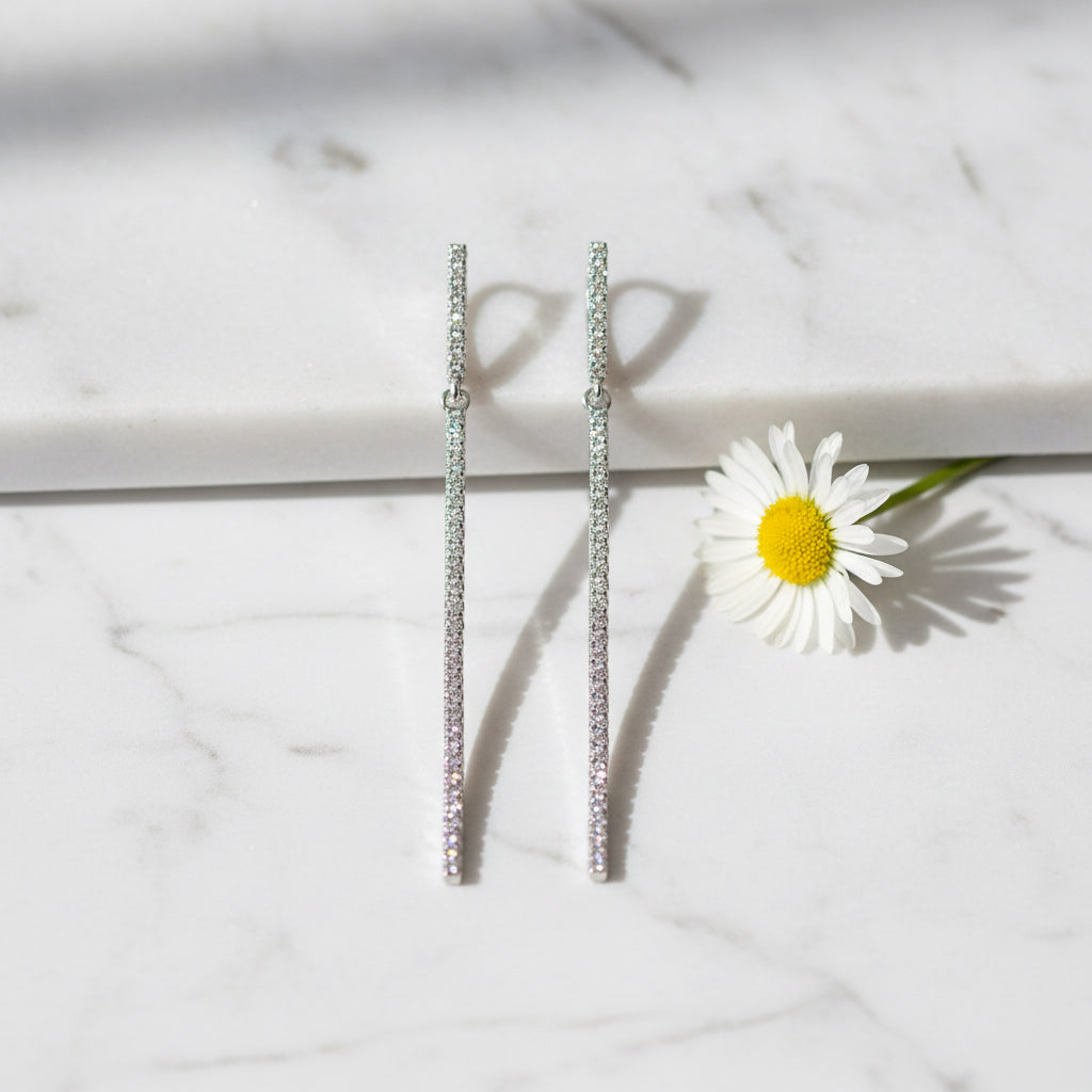 Sterling Silver Long Line Pave Drop Earring