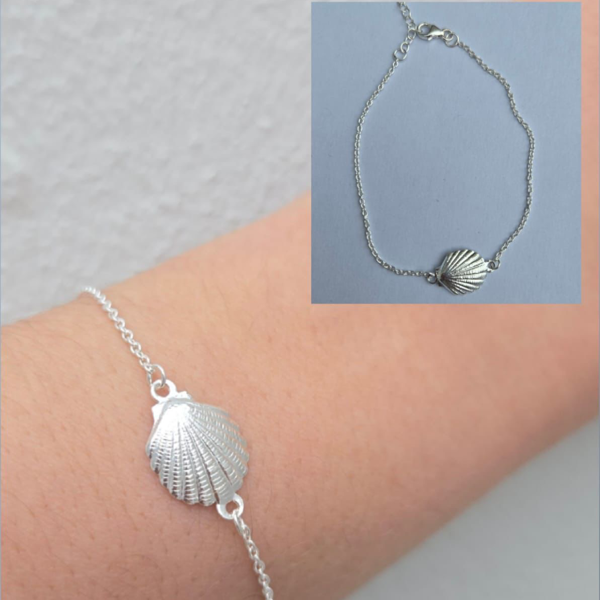 Silver bracelet with shell design worn on wrist, inset showing bracelet detail.