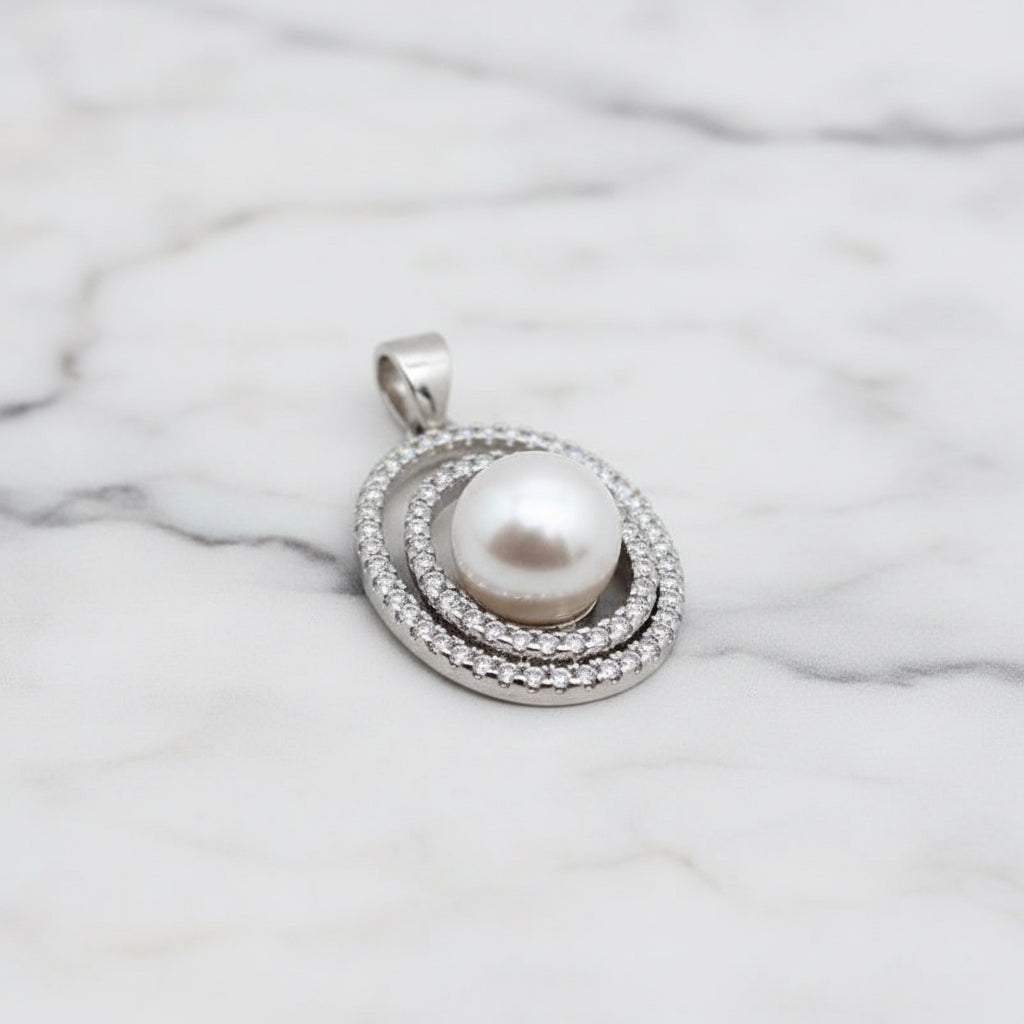 Double Circle Pendant With Cubic Zirconia Detail And Freshwater Pearl Centre - Terciany 