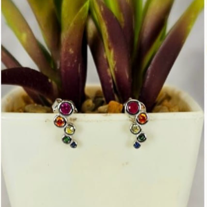 A pair of multicolored round stud earrings made with cubic zirconia, displayed in front of a white potted plant.