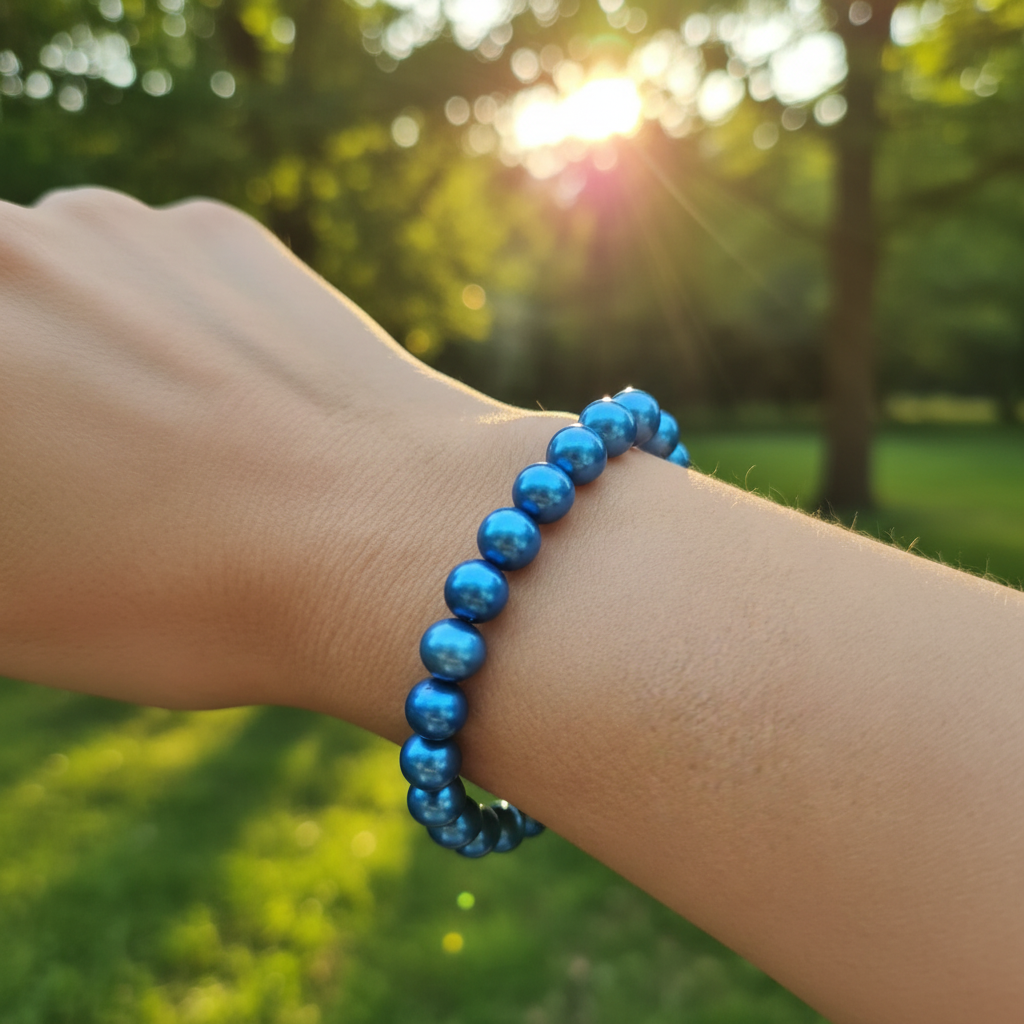 A blue freshwater pearl bracelet displayed on a person's wrist with a floral background.