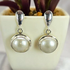 A pair of silver-colored round Mabe pearl earrings with classic silver stems, displayed in a white vase with a green plant in the background.