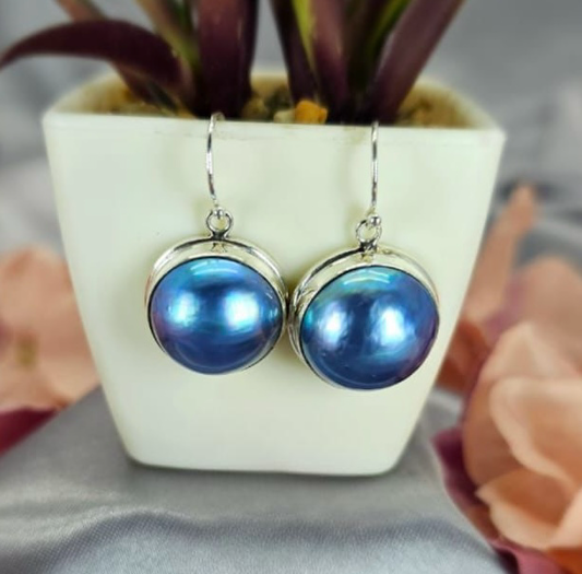 17mm blue Mabe pearls in a stunning sterling silver drop earring setting