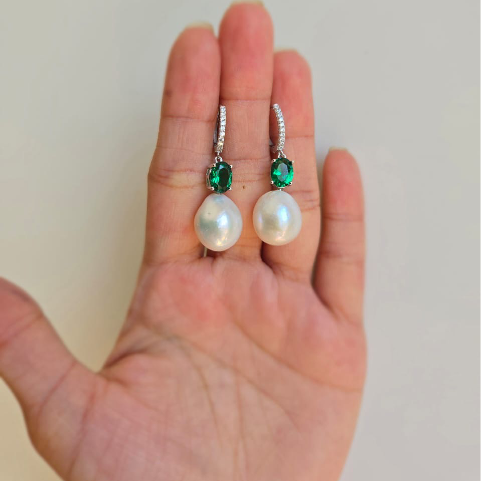 Emerald Green And Pearl Combination Drop Earrings