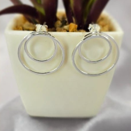 A pair of sterling silver double circle stud earrings displayed in front of a potted plant.