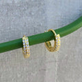 Gold hoop earrings with clear stones on a green stick against a gray background