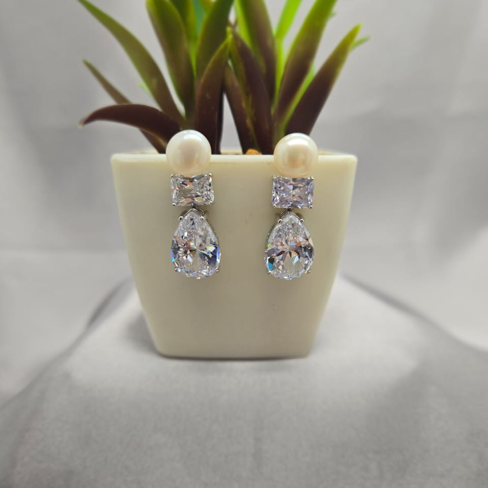 Teardrop-shaped earrings on a stand with a small plant in the background