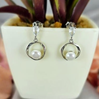 A pair of sterling silver drop earrings with cubic zirconia stud tops, displayed in a white vase with a green plant in the background.